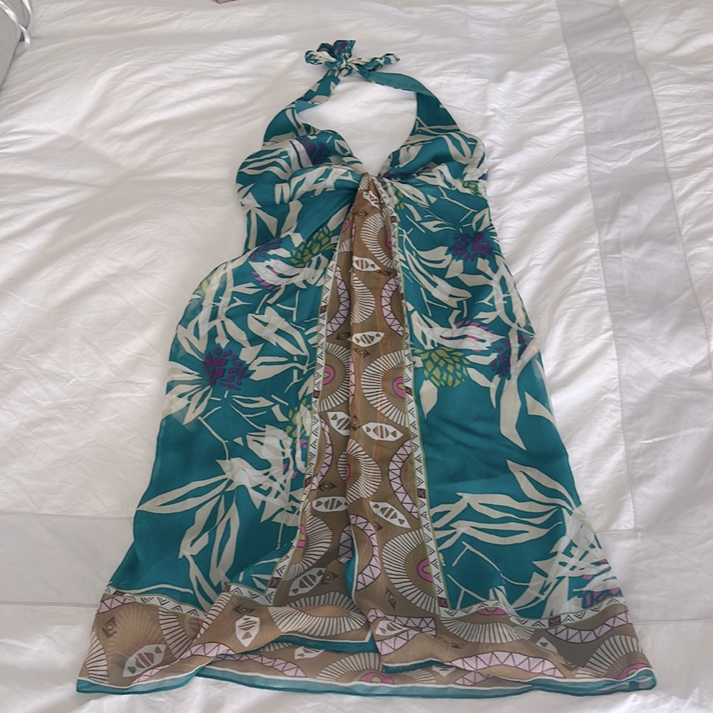 100% Silk Nicole Miller Studio Tropical Halter dress